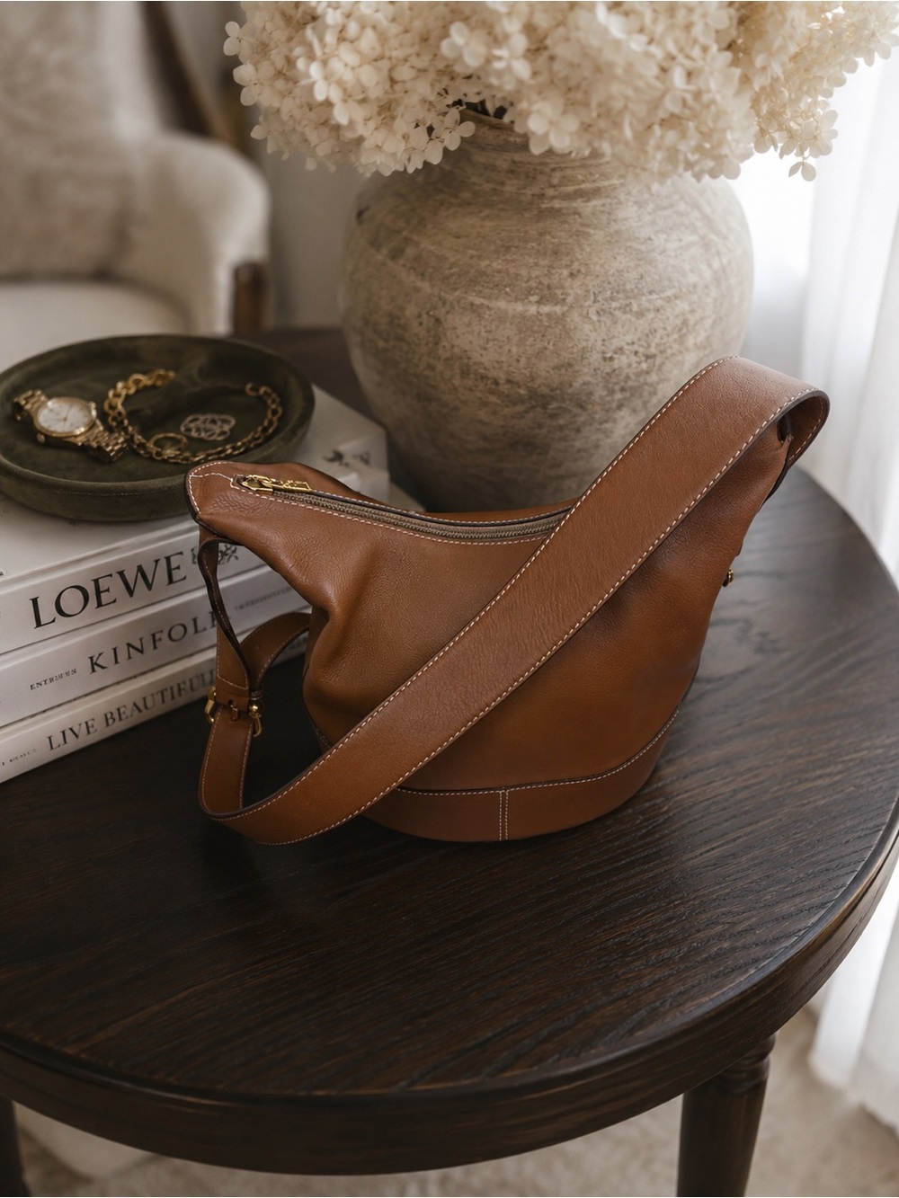 Loewe Tan Leather Shoulder Bag with Wide Strap
